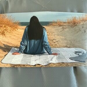 UGG Mischa Outdoor Blanket Seal Gray Stripe Water Resistant Beach Picnic EUC